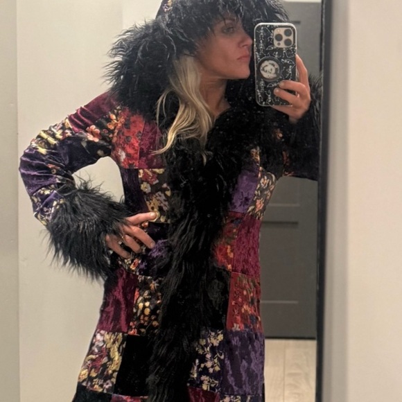 Price drop  Colorful Goth velour penny lane patchwork black faux fur trim coat - Picture 2 of 4